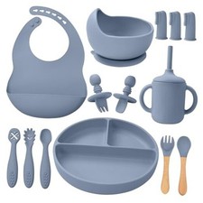 Silicone Baby Feeding Set 14 Pcs,Baby Led Weaning Supplies, Baby Blue Gray