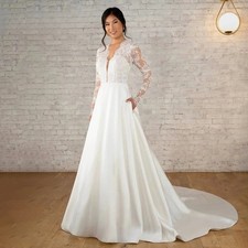 Vindal Ivory Lace Satin Wedding Dresses V-neck Full Sleeves A-line Bridal Dress
