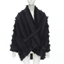 ISSEY MIYAKE 1980's Vintage grey wool fringe oversized wrap Cocoon coat M rare