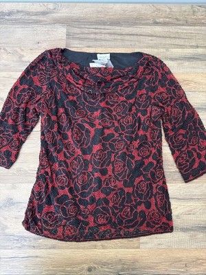 Paradise NY Heavily Beaded 100% Silk Blouse Red Black Roses 3/4 Sleeves L Cruise