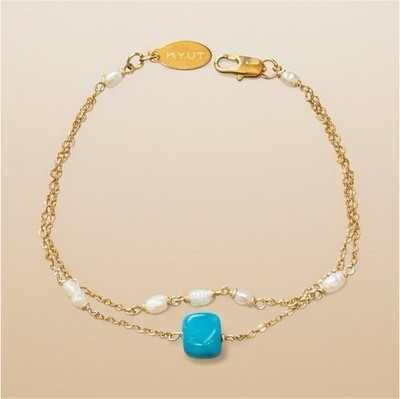 KYUT Gold Chain Charm Bracelet with Blue Square Stone and Pearl Accents