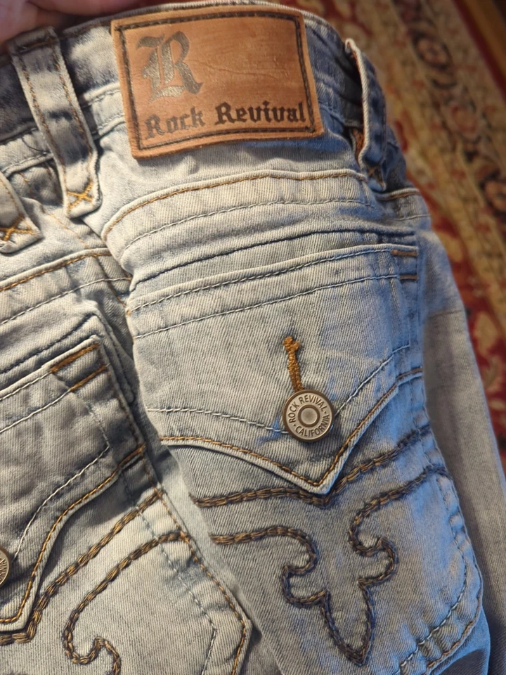 Pantalones de mezclilla para hombre Rock Revival vintage lavados a la piedra talla 34 bolsillos bordados Foto 3 de 4