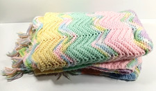 Hand Crocheted Baby Blanket Throw Chevron Pastel Rainbow Yarn Easter 45" x 65"