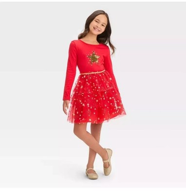 Cat & Jack Girls Red Gold Christmas Star Sequins Festive Holiday Dress Tulle Skirt XL (14), Girl's