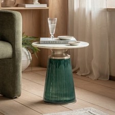 Image of Seville Marble Side Table Fluted Glass Base Round Luxury Sofa Lamp Table