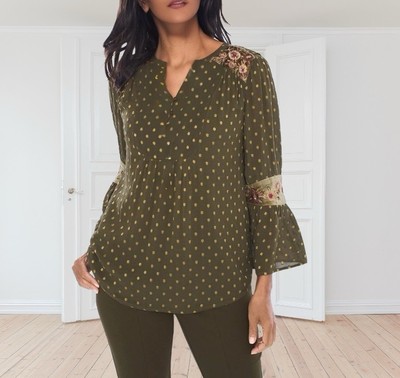 Chico s Size 2 LARGE Green Dot Jacquard Lined Peasant Top Velvet Floral Trim