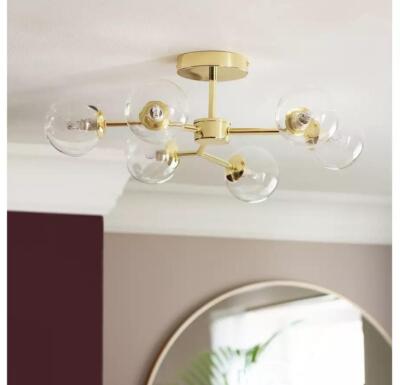Moderner 6-flammiger Kronleuchter Glas Kugel Decken Pendelleuchte Gold Messing 