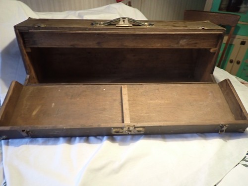 Vintage Handmade Wood Tool Chest Single Drawer Fold Down Front Brass Corners