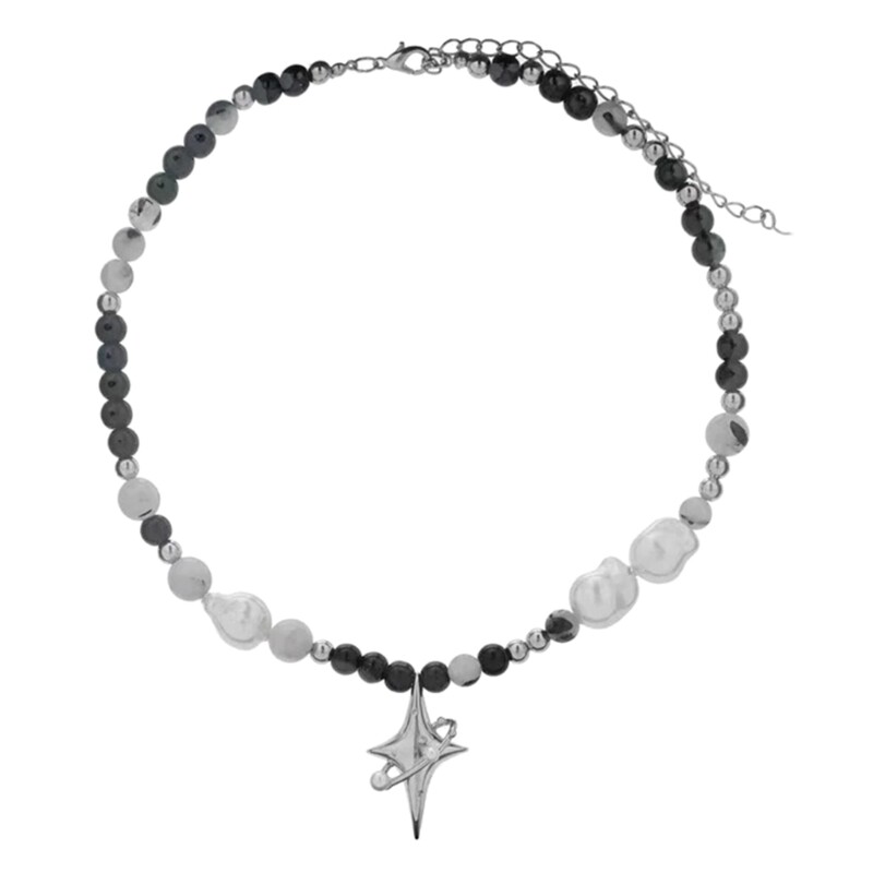 Women Girl Black White Beads Necklace Baroque Pearl Necklace Star Pendant Choker