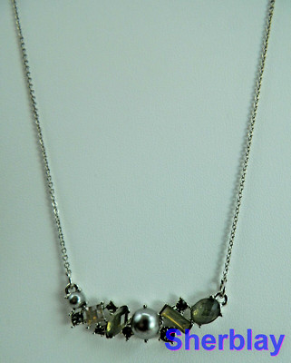 Loft Dainty Silver-tone Grey Faux Pearl Green & Grey Rhinestone Chain Necklace