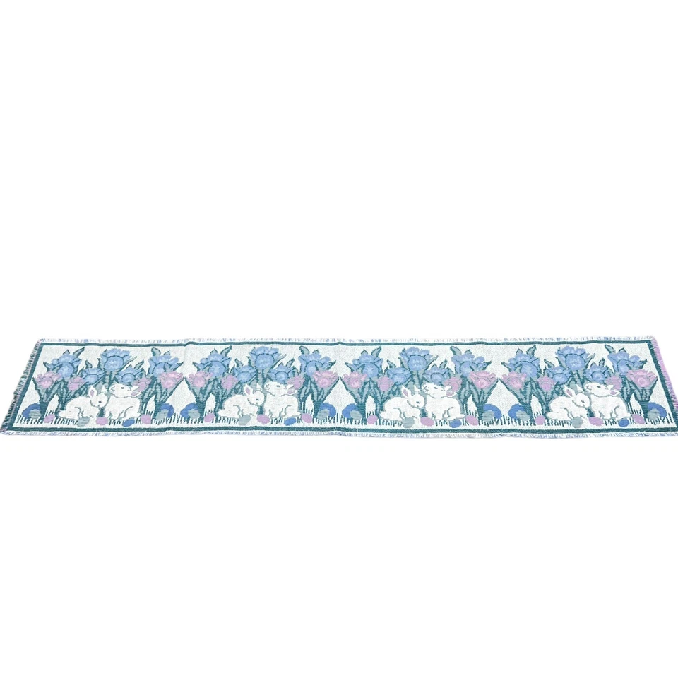 Vintage Easter Spring Tapestry Table Runner White Pink Blue Bunny Cottagecore - Image 3 of 4