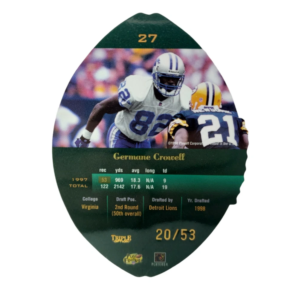 1998 Playoff Contenders Leather Gold | #27 | Germane Crowell | Rookie RC #'d /53 - Image 2 of 3