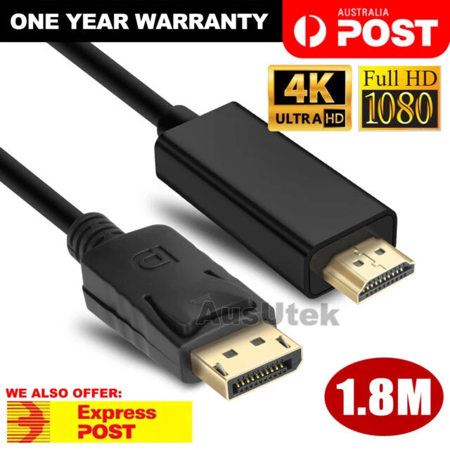 1.8m Gold Plated DisplayPort Male to HDMI Male Cable - Black
