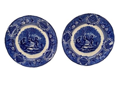 George Jones Antique Transferware Dinner Plates Set 2 Flow Blue & White Dancers
