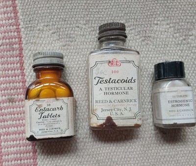 3 Vintage Reed & Carnick Sexual & Hormone Medicine Bottles 2 Full 
