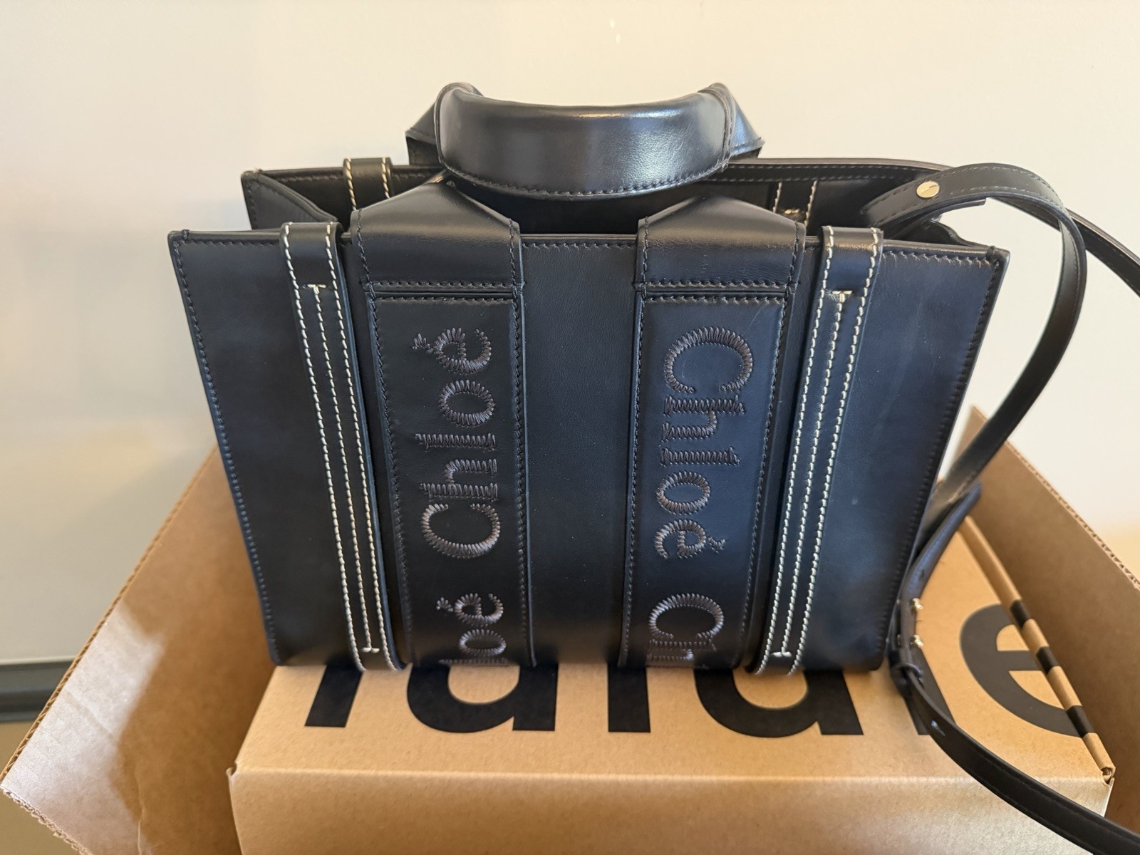 Chloe Woody Small Tote Bag Leather Black Shoulder Bag Women's #TB4005