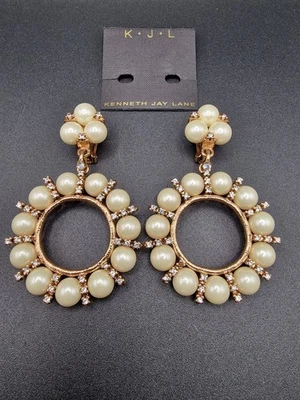 Kenneth Jay Lane Earrings Gold Faux Pearl Crystal Clip On - Image 1 of 4