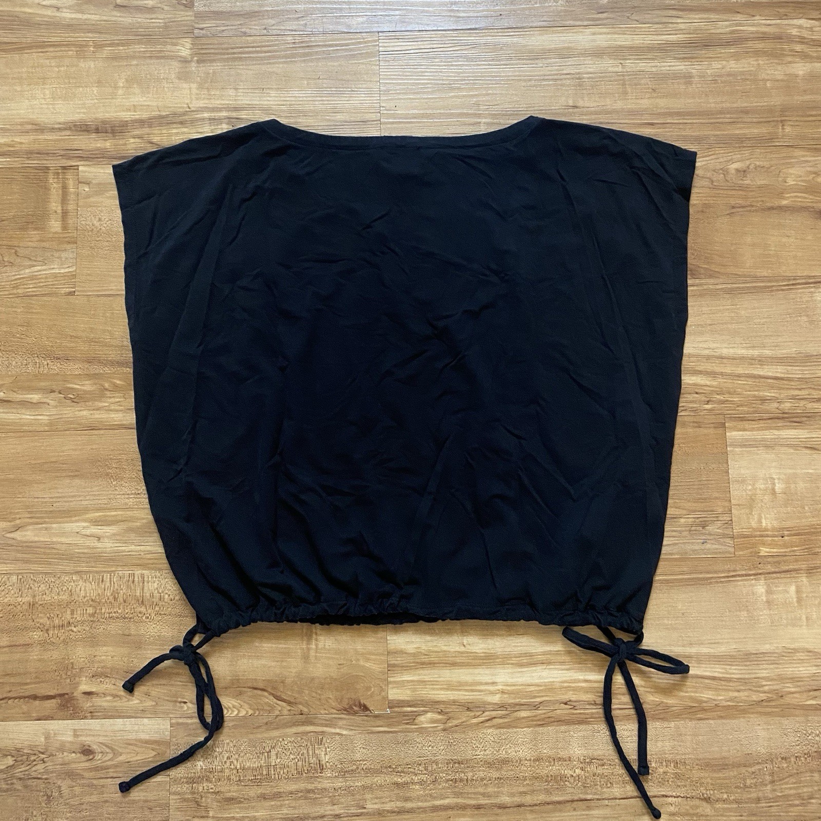 Eileen Fisher L Black Fine Jersey Knit Square Top Bateau Neck Drawstring Waist