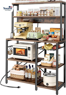 Bakers Rack with Power Outlet, 35.4 Inches Coffee Bar with Wire Basket, Kitchen