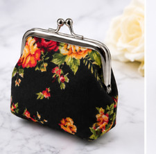Floral Kiss Lock Coin Purse Small Vintage Style Wallet Change Pouch New Black