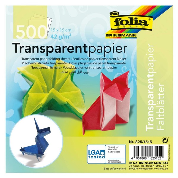 folia Transparentpapier 15X15Cm FaltbläTter 42G/M² 10 Farben 500 Blatt Origami-image