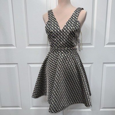Gianna Bini Dress Womens Small Gold Geometric Jacquard Fit Flare Cutout Cocktail