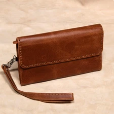 Leather Clutch Wallet for Women, Handmade Wristlet Bag with Zipper Pocket