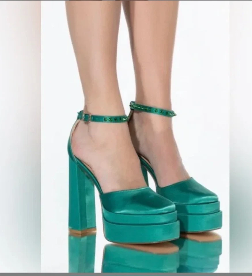 JESSICA SIMPSON SKILLA verde cetim plataforma bomba fivela alça salto tamanho 8 médio - Imagem 2 de 4