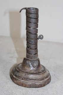 RARE EARLY 18TH C WROUGHT IRON AND WOOD SPIRAL CANDLESTICK GREAT FORM & SURFACE
