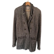 Chicos 1 Black White Marled Knit Double Breasted Blazer Jacket Fringe Size M