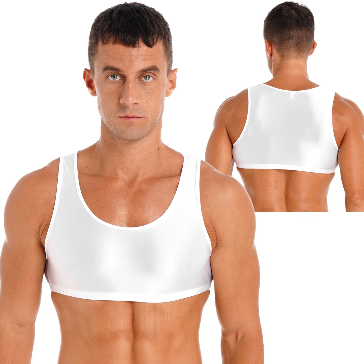 Mens Shiny Glossy Crop Tank Top Workout Bodybuilding Compression