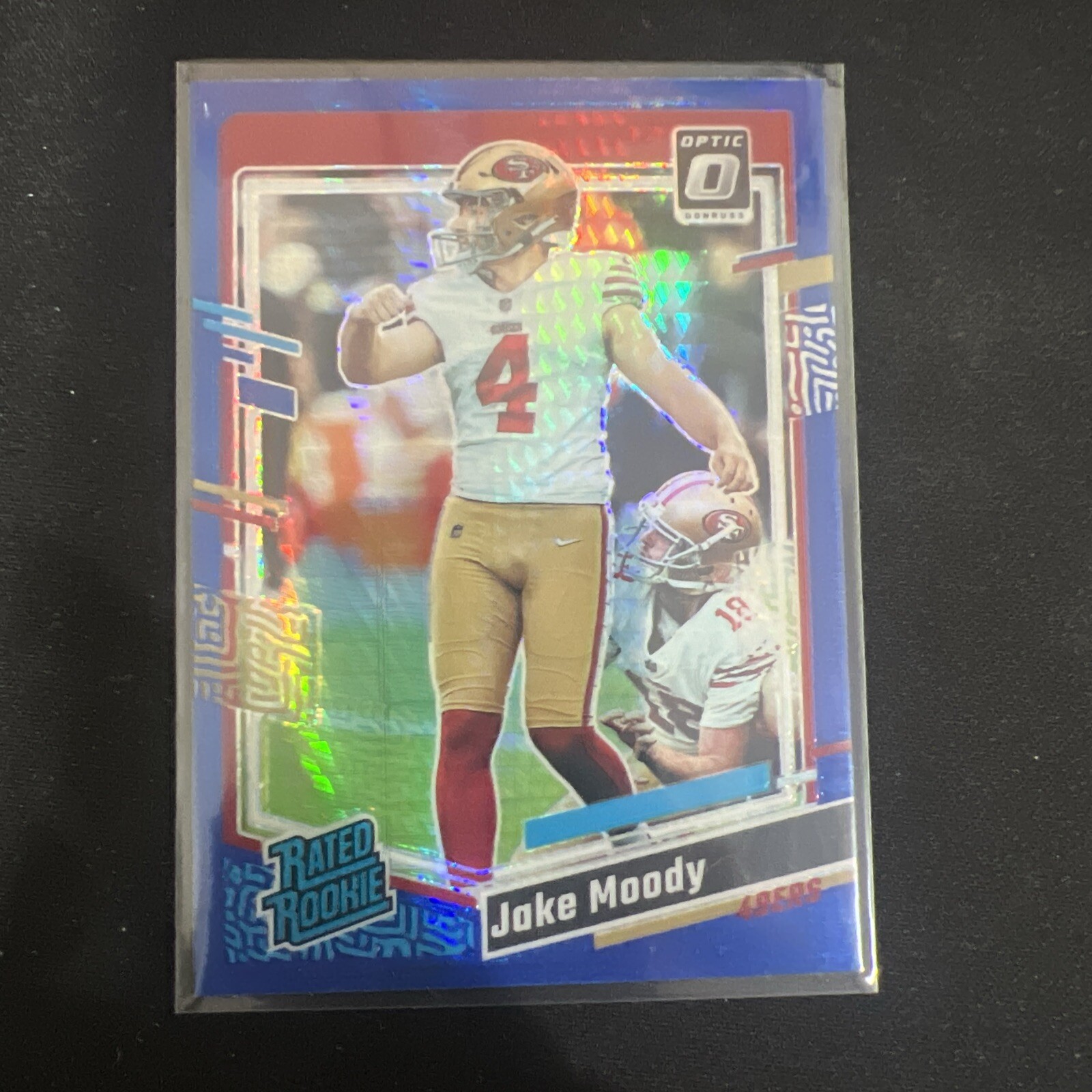 2023 Donruss Optic JAKE MOODY Blue GLITTER Prizm Rated Rookie SSP 49ers #289