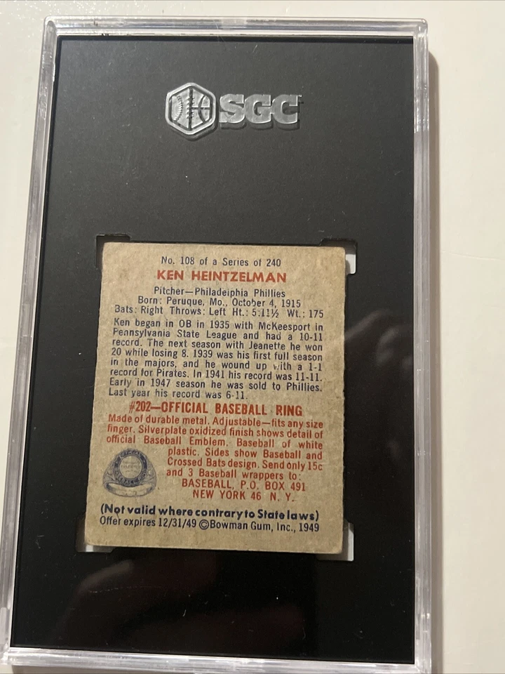 1949 Bowman Ken Heintzelman #108 SGC 3.5 VG + Philadelphia Phillies - Image 4 of 4