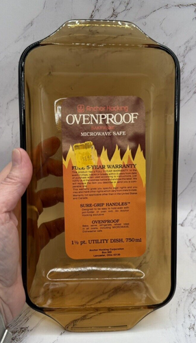 Vintage NOS Anchor Hocking Brown Amber 1,5 Pt 750ml Glas Laib Pfanne mit Original Etikett