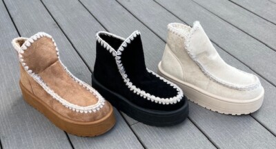 Damen Kunstleder Slipper Mokassin Stiefelette Kuschelig Kunstfellfutter Plateausohle