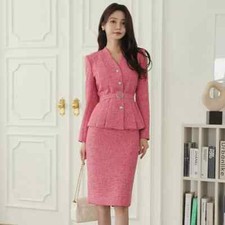 Anzug Komplett Frau B&uuml;ro Jacke Blazer Set Rock Rosa Tweed Coco 82913