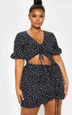 PrettyLittleThing PLUS BLACK POLKA DOT RUCHED DETAIL CUT OUT BODYCON DRESS 2X