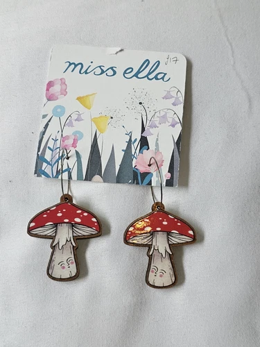 Hand-crafted Wood Mushroom Earrings Hoop Dangle