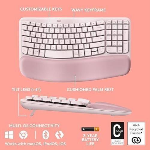 Logitech Wave Keys Wireless Ergonomic Keyboard Comfortable Typing - Rose - Picture 6 of 6