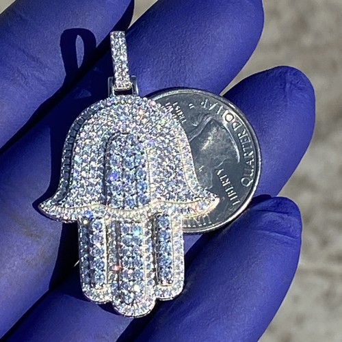 Real 925 Sterling Silver Hamsa Hand Fatima Pendant Iced CZ 3D Amulet Charm - Picture 3 of 12