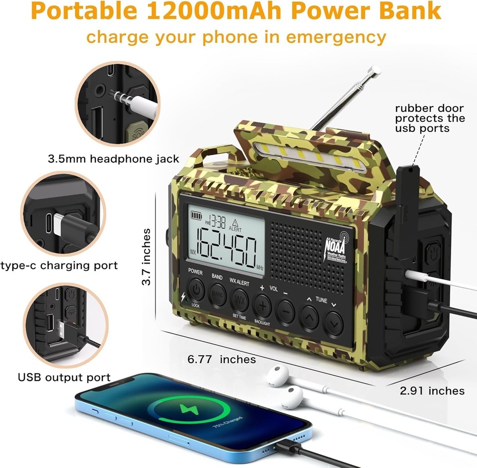 12000mAh/44400mWh Weather Radio, Hand Crank Emergency Radio Portable AM ...