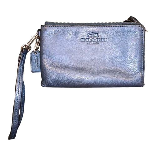 Coach Double Corner Zip Wristlet Dark Blue In Pebble Leather Wallet Women's