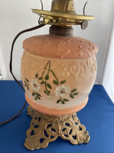 Oil Hurricane Lamp Tank Hand Painted Floral Glass BASE ONLY, Electric