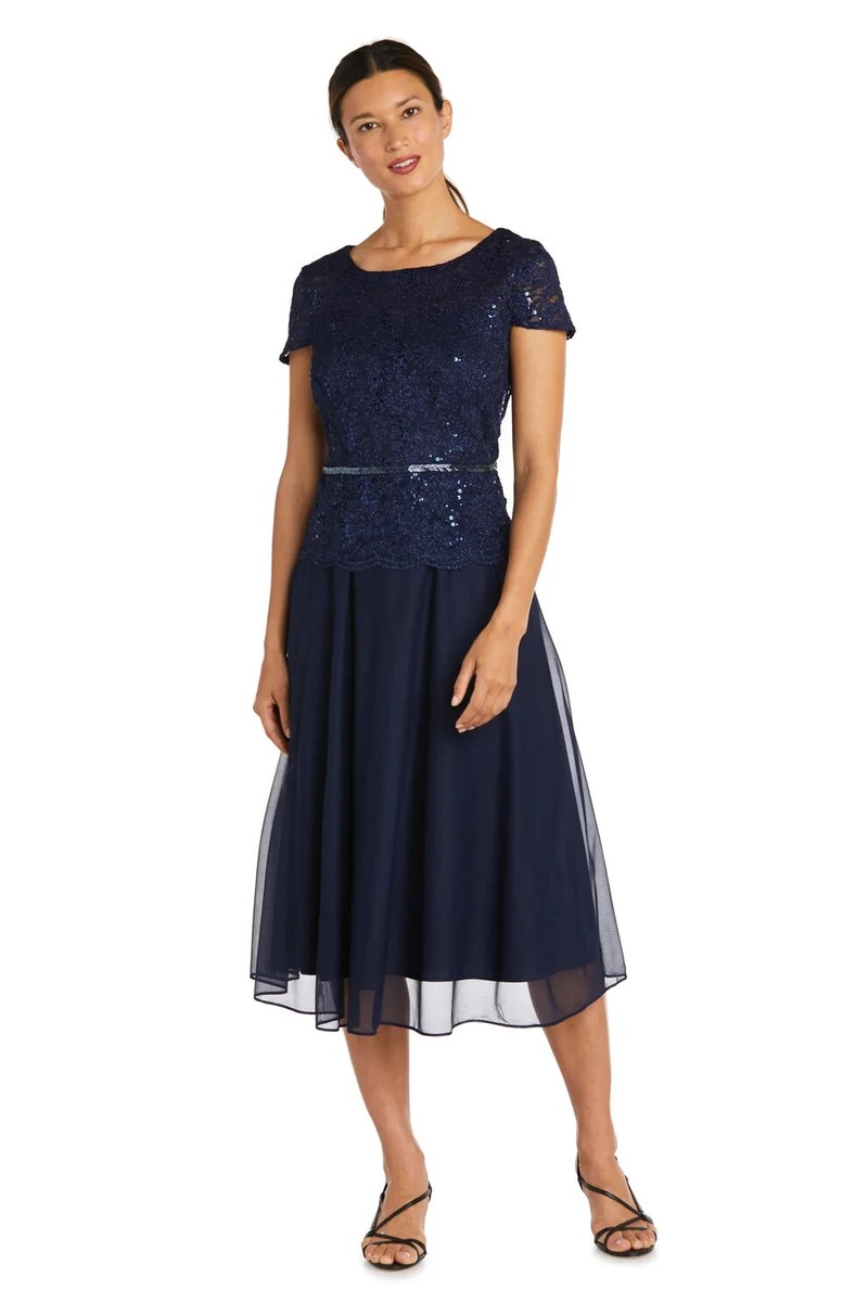 R&M Richards Sequin & Chiffon Mother of the Bride Dress 7829 -Navy- Size 6