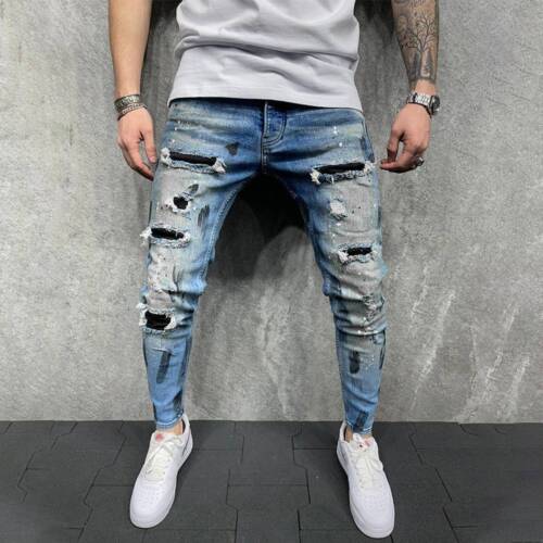 Mens Ripped Skinny Jeans Trousers Stretch Slim Fit Distressed Denim Long Pants - Picture 5 of 18