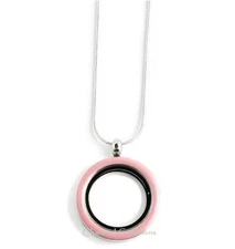 Floating Charm Memory Locket Necklace Pink Enamel 30mm With Chain