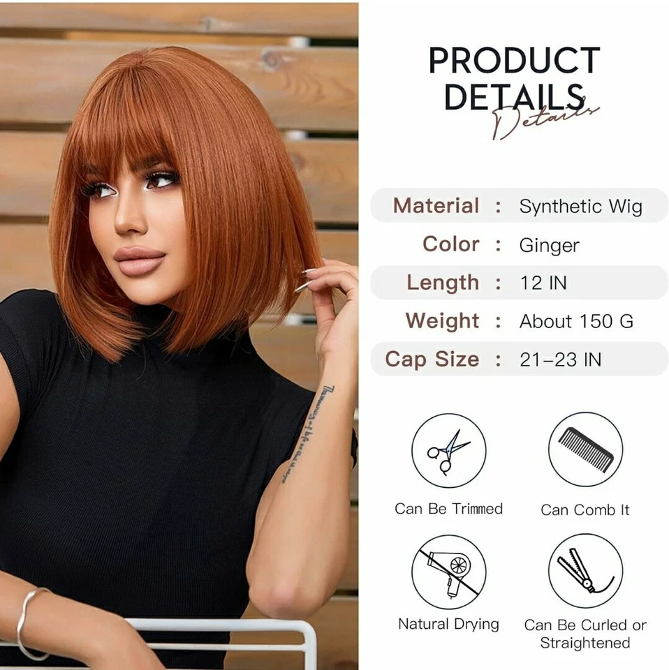 Peluca en capas recta con flequillo castaño rojizo / cobre / bob rojo cabello resistente al calor Foto 3 de 4