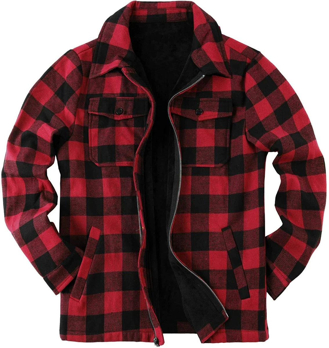 Mens Fleece Jacket Sherpa Lined Zip Up Buffalo Plaid Flannel Coat Casual Long Sl