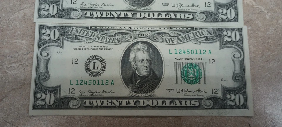 Four Consecutive 1977 20 Dollar Note San Francisco - Image 2 of 4