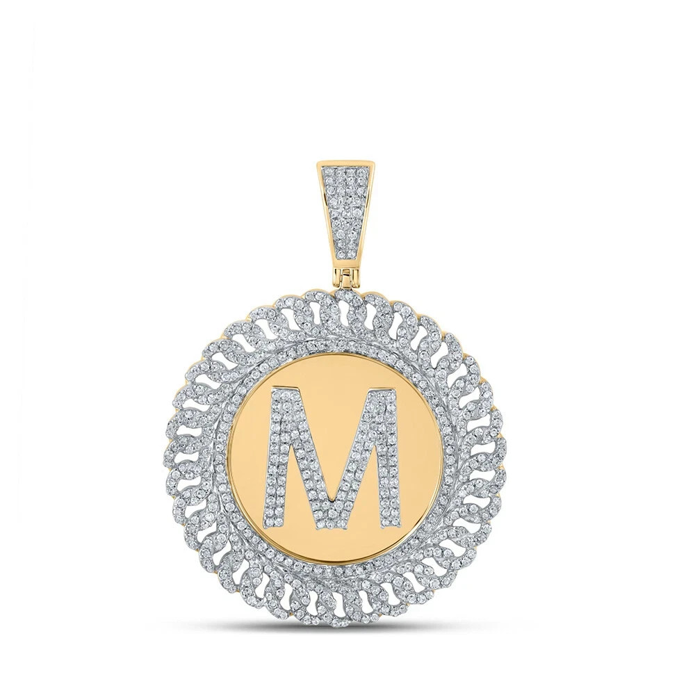 14k Yellow Gold Plated Mens Round Created Diamond Letter M Circle Charm Pendant